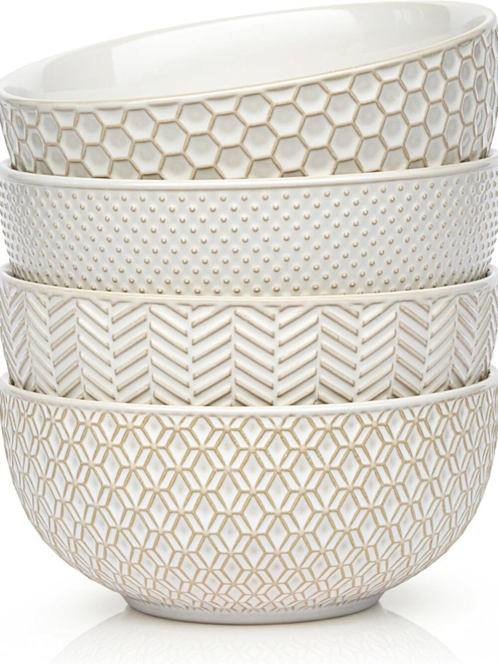 Set of 4 Embossed Ceramic Soup Bowls, Oven Safe, 24 oz, Elegant Ivory Design